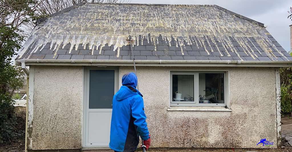 Roof soft washing removing algae and black streaks